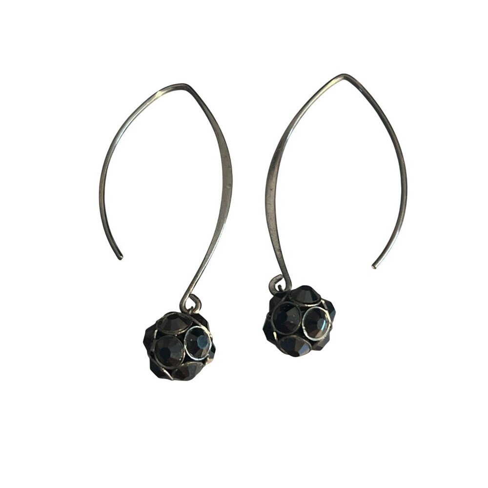 Gunmetal Modern Hoop Earrings Black Glass Faceted Rhinestone Bead Bauble 2.25"